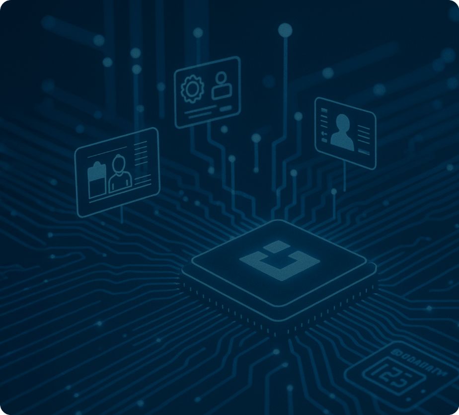 A computer chip at the center with digital icons above it, representing user profiles and technology connections on a circuit board background.