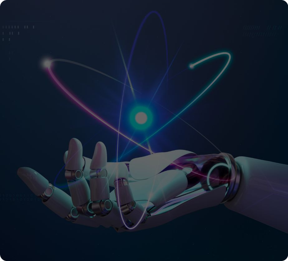 A robotic hand is holding a glowing atom model with orbiting particles against a dark background.